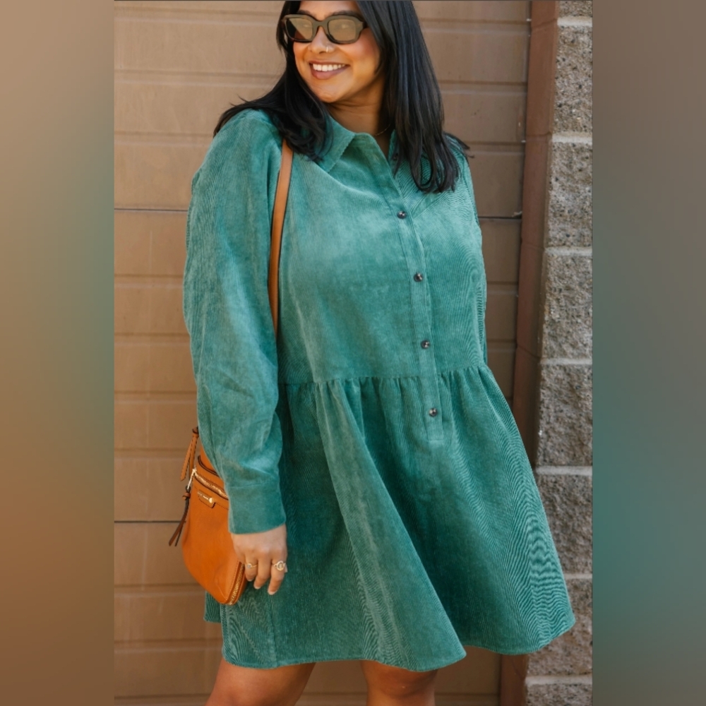 Smash + Tess Teal Green Corduroy Button-Front Long-Sleeve Dress